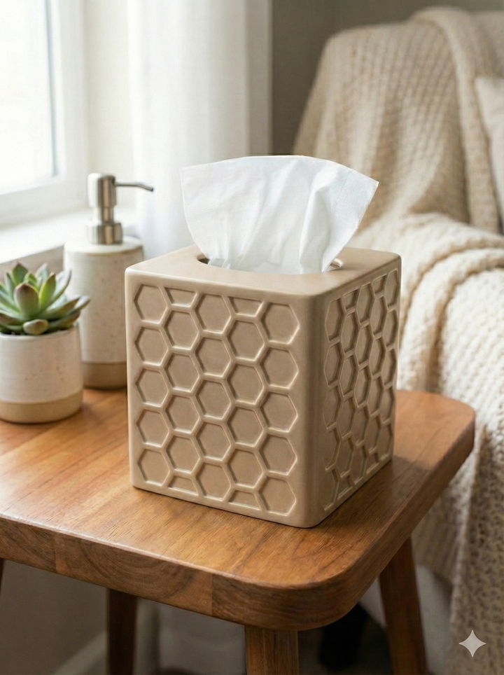 Beige textured tissue box on a wooden table with a plant and soap dispenser in the background.