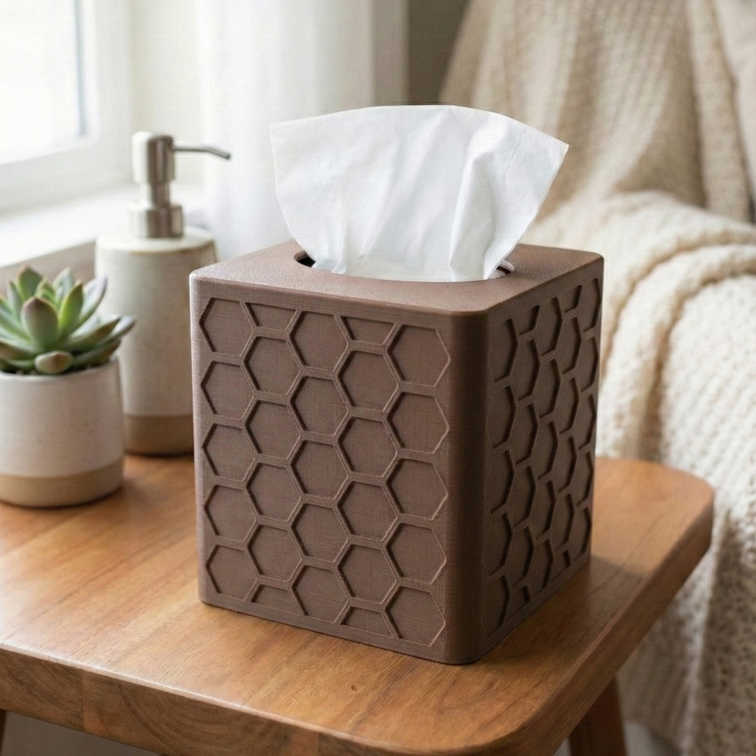 Brown textured tissue box on a wooden table with a blurred background
