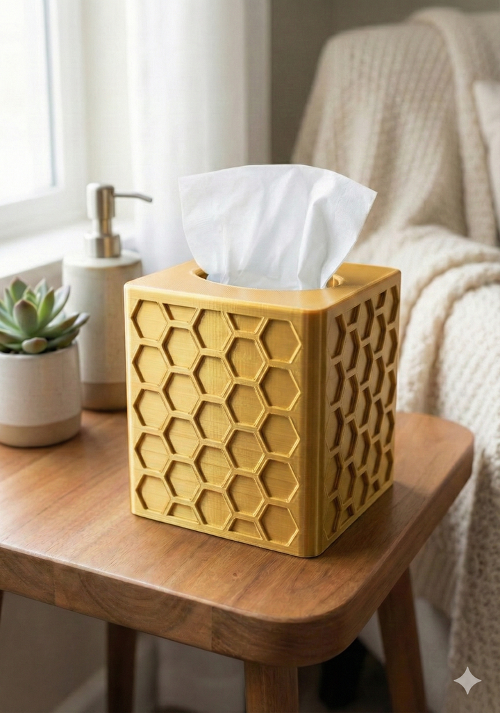 Yellow hexagonal tissue box on a wooden table with a soft focus background