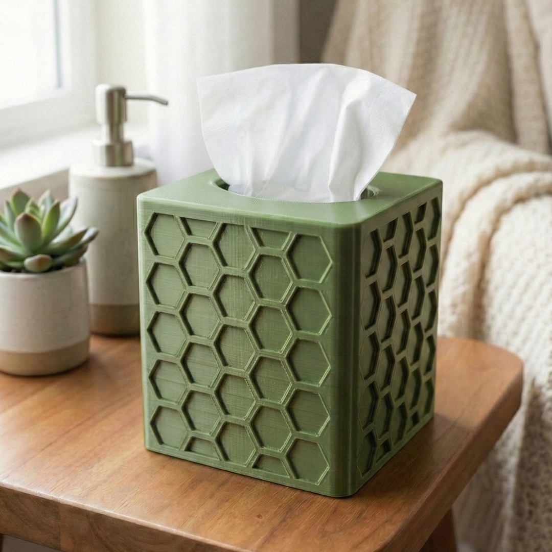 Green tissue box with white tissues on a wooden table next to a plant and soap dispenser.