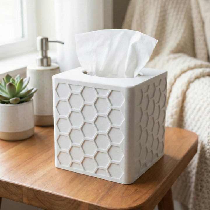 White textured tissue box on a wooden table with a soft blurred background