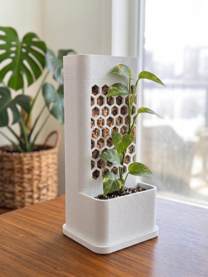 Self-Watering Moss Pole Planter | Honeycomb Aroid Trellis Tower | Modular Pothos & Monstera Support | Architectural Vertical Garden